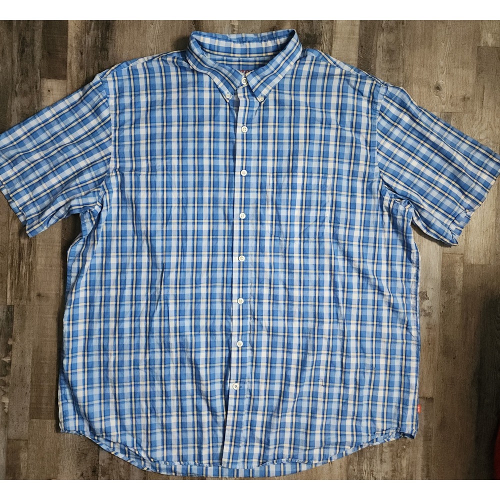 IZOD Button Down Shirt Men 3XLT Blue Plaid Lightweight Poplin Short Sleeve